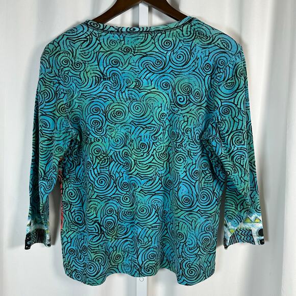 Chico's‎ Tribal Face All Over Print Cotton 3/4 Sleeve Tee Sz L Abstract Colorful - Picture 5 of 7